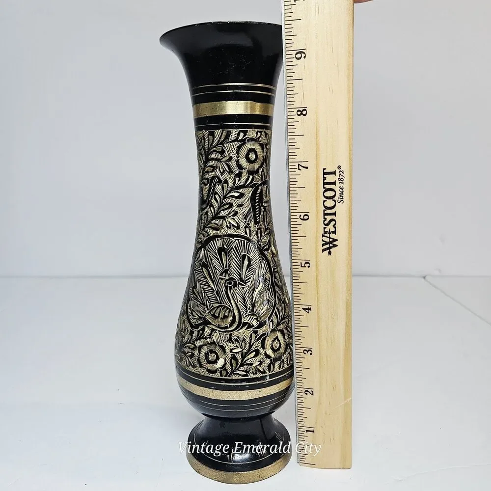 Vtg Black Gold Etched Brass Vase Peacock Floral Metalwork 9.5